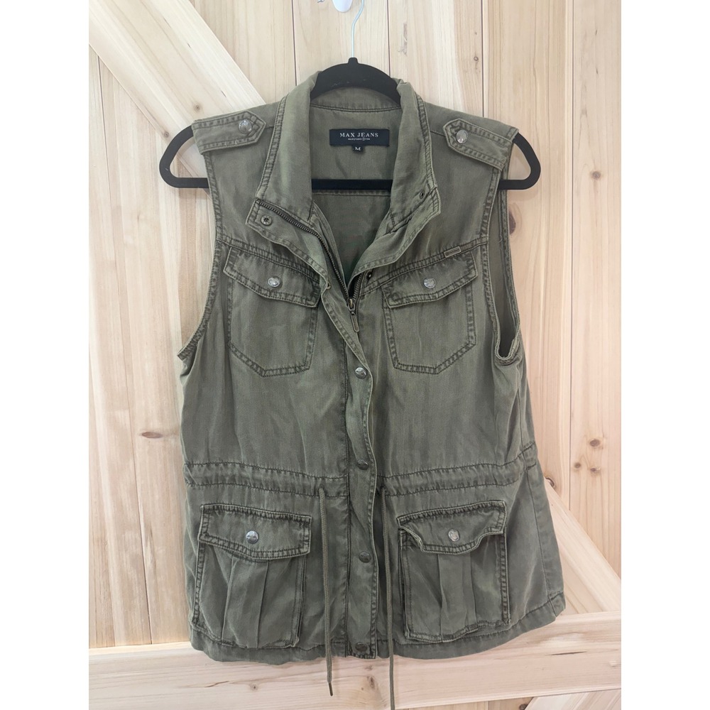 Max Jeans Olive Green Utility Vest Military Cargo Pockets Drawstring Waist